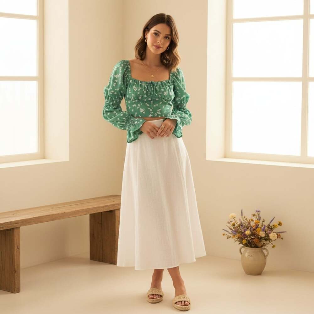 Princess Polly Mint Floral Long Sleeve Smocked Crop Top Puff Sleeve Women 4